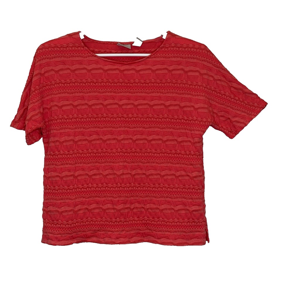 Chico's Pullover Top Size 1 US Medium Reddish Orange Textured Short Sleeve